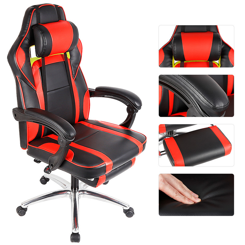 New Gaming Office Chair with Armrests Headrest Footrest High Back Tilt Swivel Chair for Working Studying Gaming PU Leather HWC
